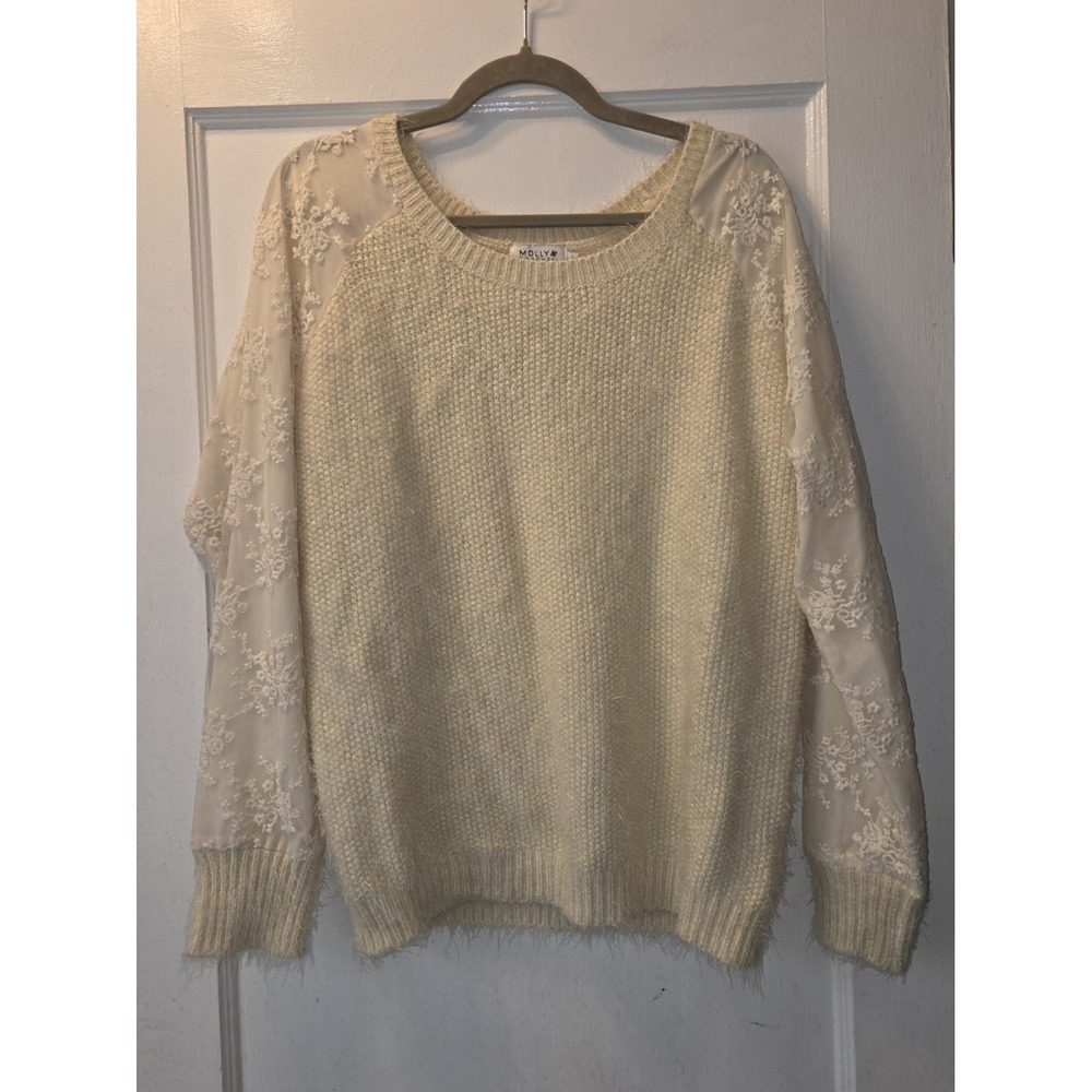Molly Bracken Ivory Knit Lace Sleeve Crew Neck Pullover Sweater Soft Women's L